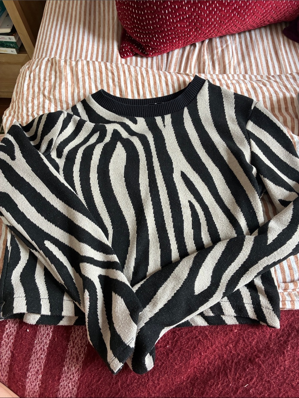 Zara Black and Cream Zebra-Print Crewneck Sweater